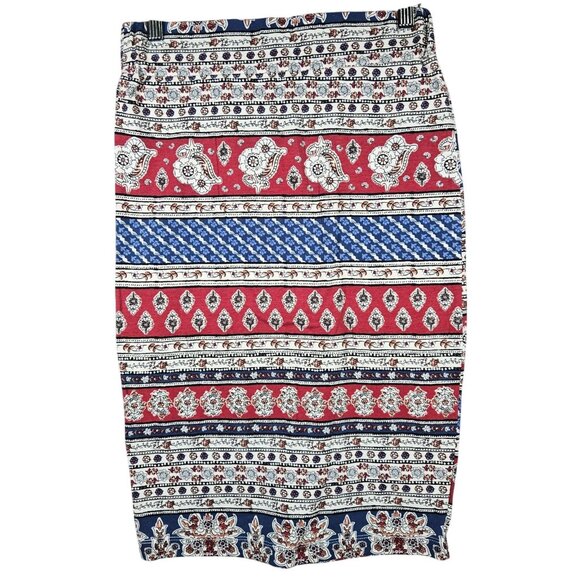 Bohemian Gypsie Hippie Midi Skirt Red Blue Floral Stripe Stretchy Women's Med - Picture 2 of 15